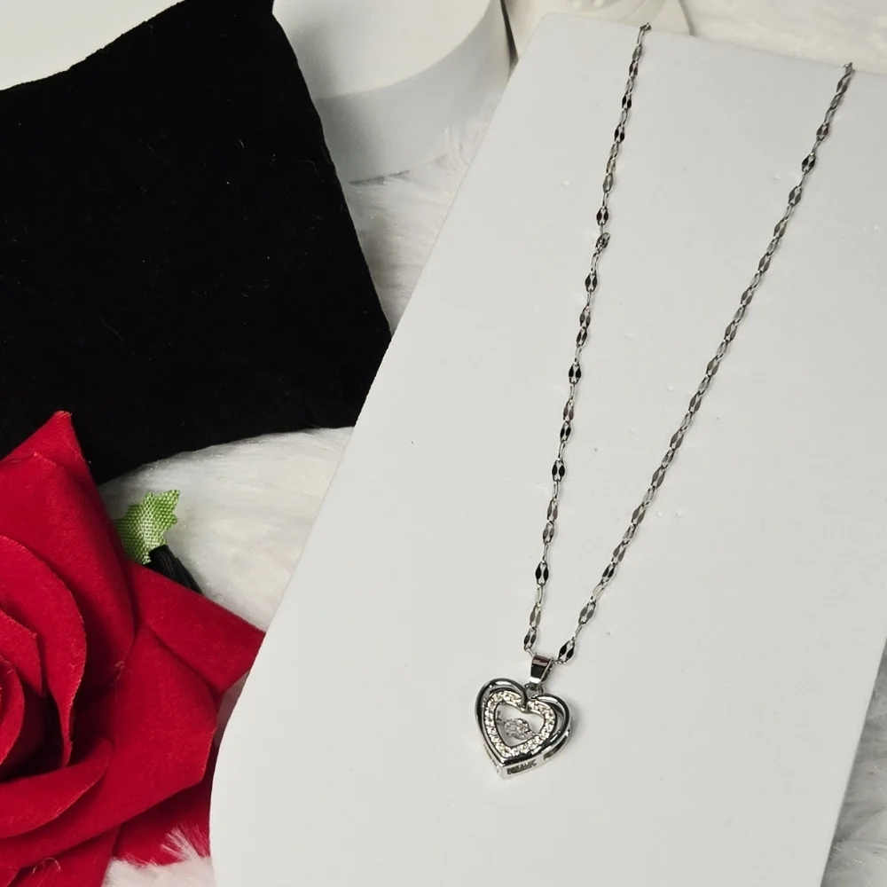 Silver Double Heart CZ Pendant Necklace – Stainless Steel Classy Elegant Minimal